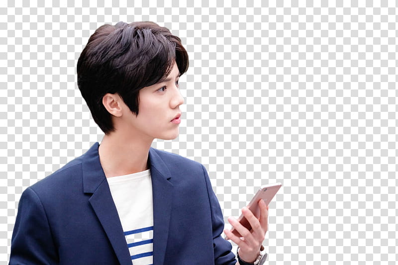 Luhan, man wearing blue blazer while holding smartphone transparent background PNG clipart