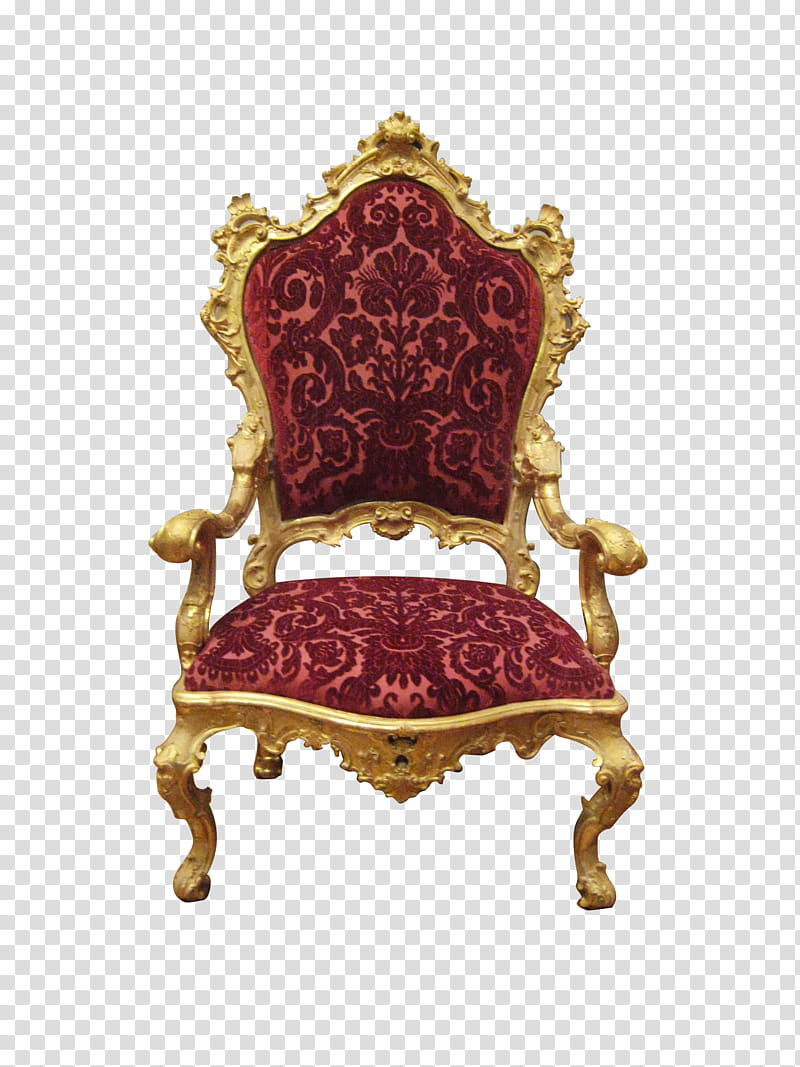 Royal Chair, red floral padded armchair with brown wooden frame transparent background PNG clipart