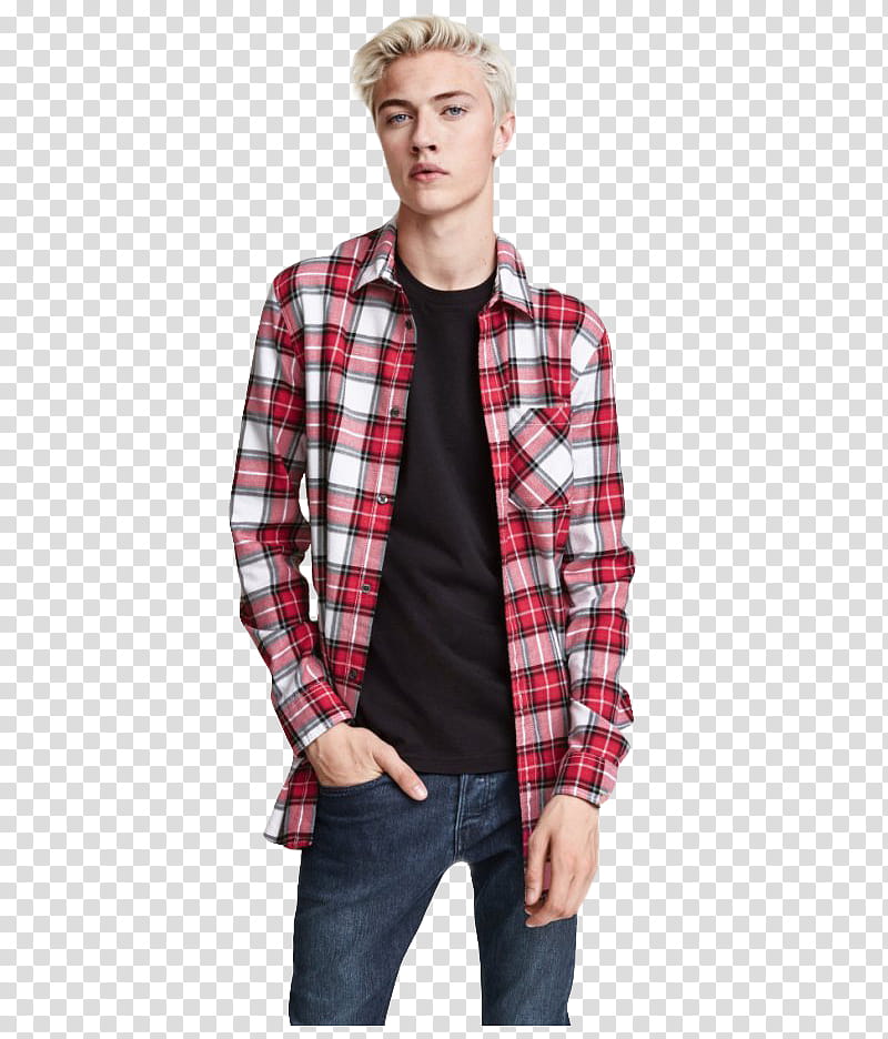 Lucky Blue Smith , standing man wearing red and white button-up sports shirt transparent background PNG clipart