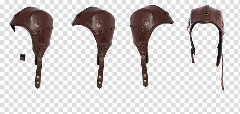 Steampunk Hats, four brown leather helmets transparent background PNG clipart