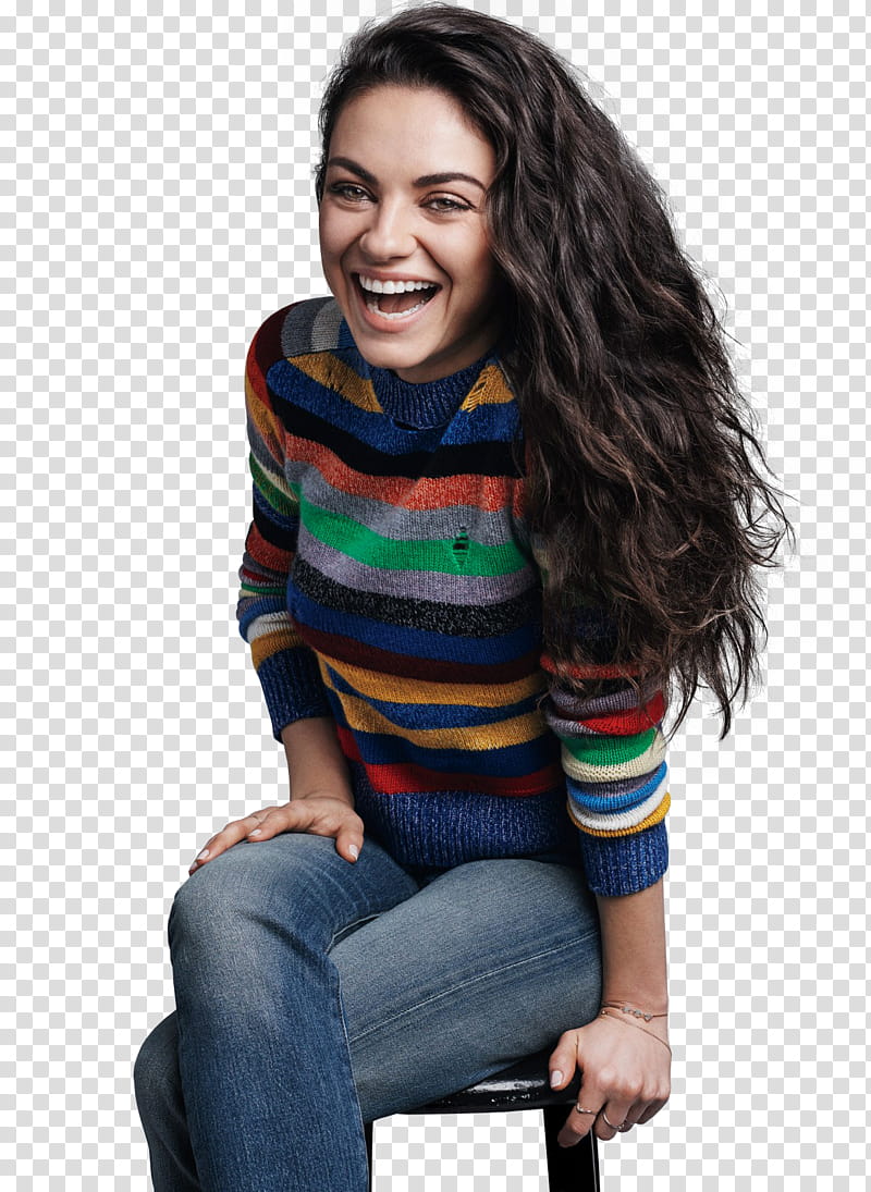 Mila Kunis, smiling woman while sitting on chair transparent background PNG clipart