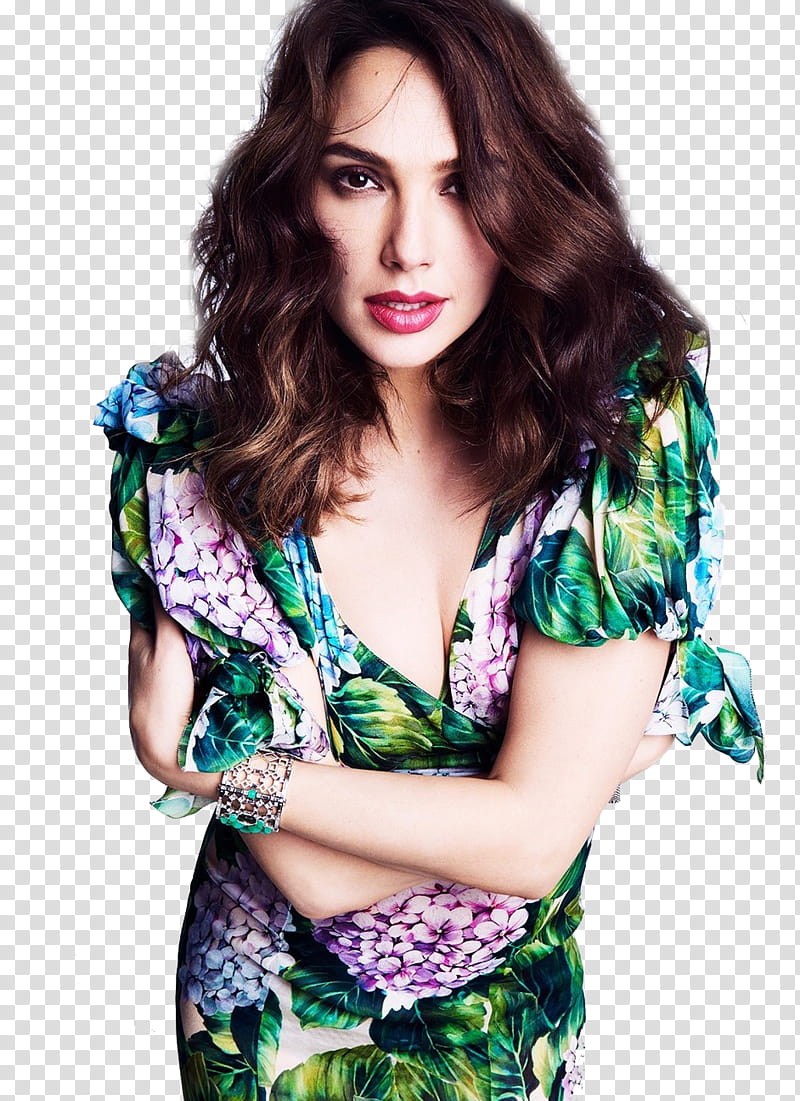 Gal Gadot, woman wearing green and purple floral dress transparent background PNG clipart