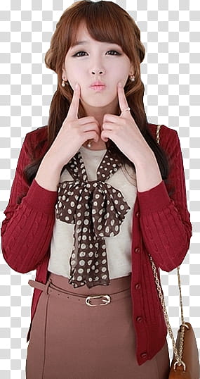 MIXED ULZZANGS, woman wearing white top, brown skirt, and red sweater with two index finger on cheek transparent background PNG clipart