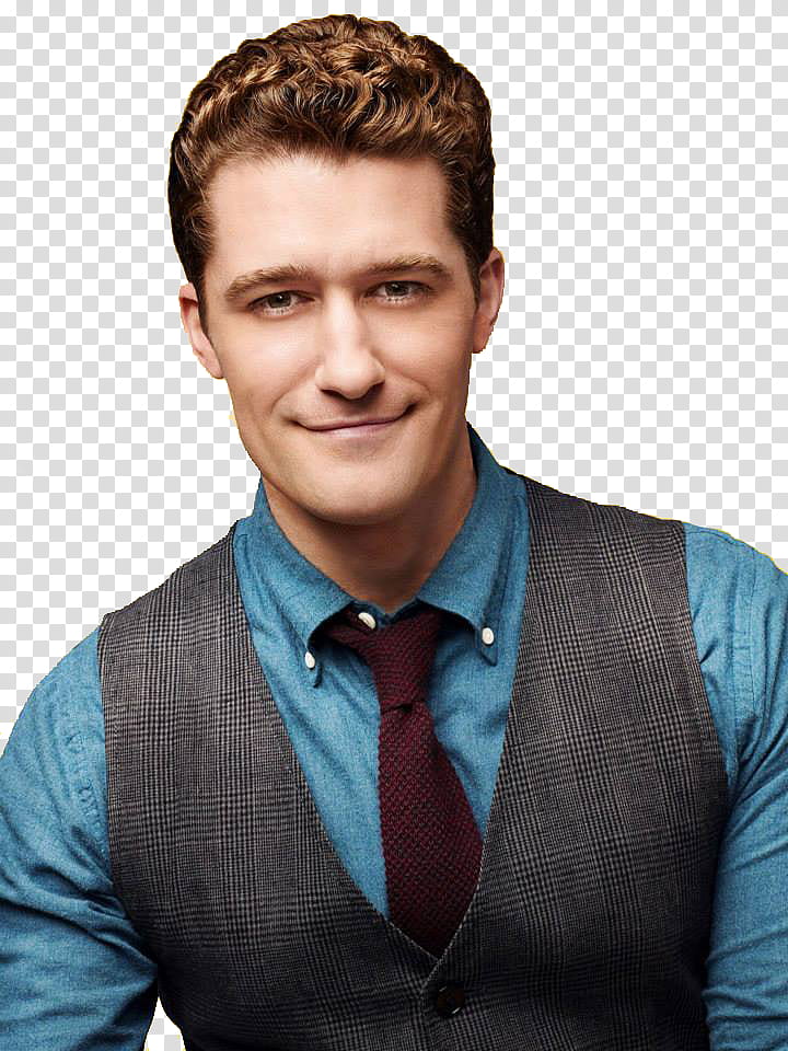 Will Schuester wearing blue collared button-up long-sleeved shirt, red necktie, and gray waistcoat smiling transparent background PNG clipart