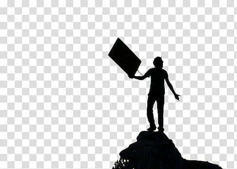 , silhouette of man standing on rock holding signage transparent background PNG clipart