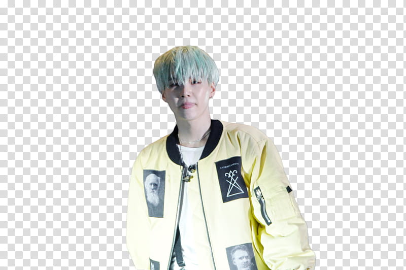 Suga BTS , standing man wearing yellow and black patched zip-up bomber jacket transparent background PNG clipart