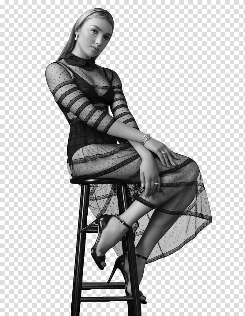 BIG MODEL, grayscale graphy of woman sitting on stool transparent background PNG clipart