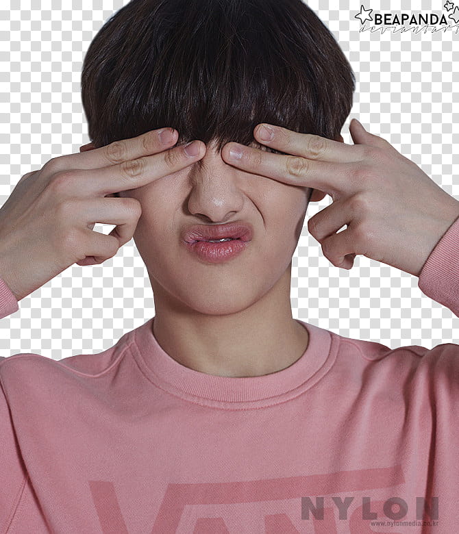 NCT , Beapanda man wearing pink sweatshirt covering eyes transparent background PNG clipart