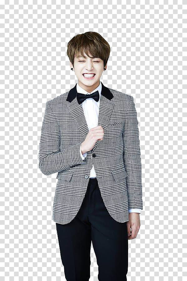 Bts Jungkook, BTS Jungkook wearing gray and black plaid tuxedo standing and  laughing transparent background PNG clipart