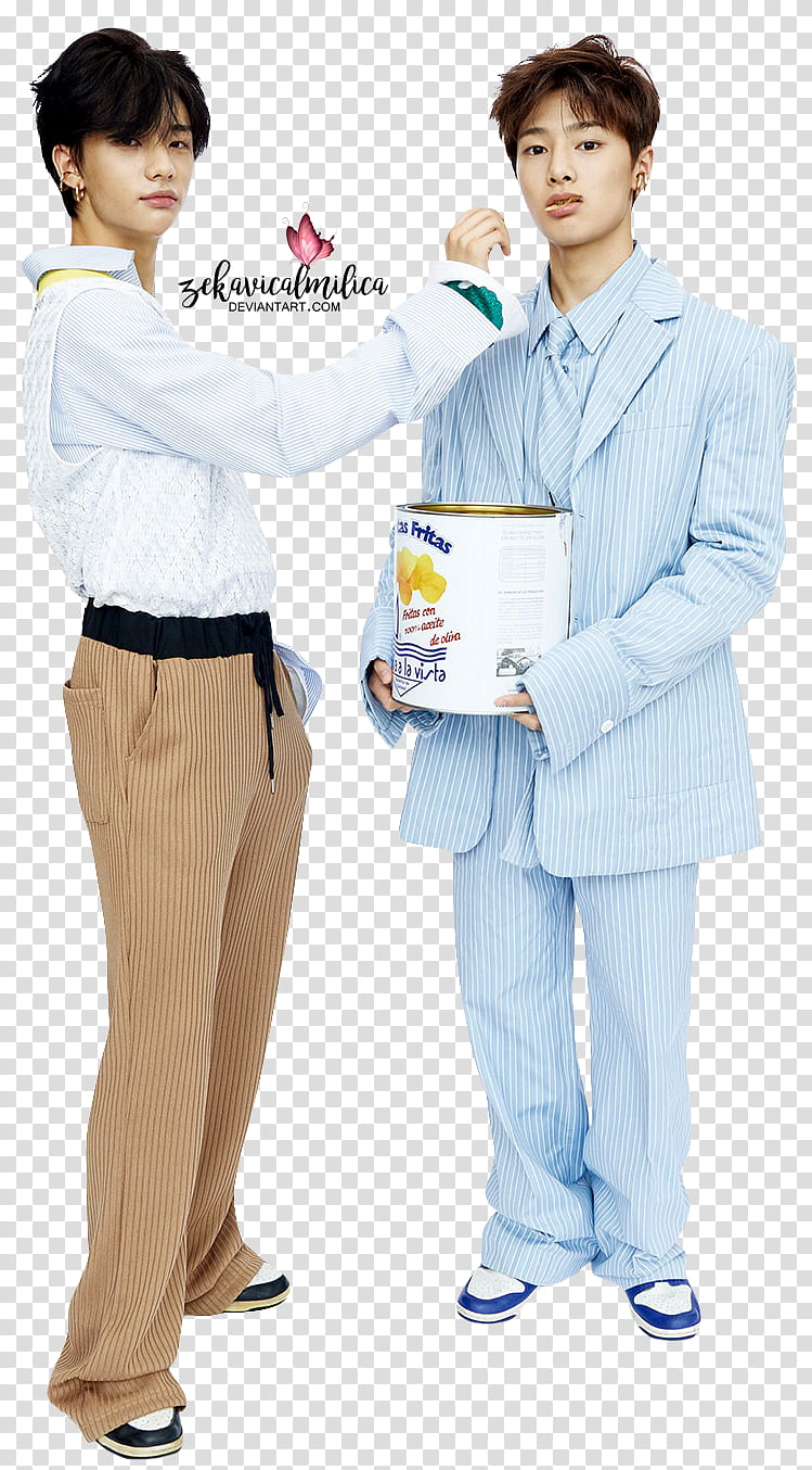 Stray Kids Hyunjin and I N DAZED, two men wearing brown and blue striped pants transparent background PNG clipart