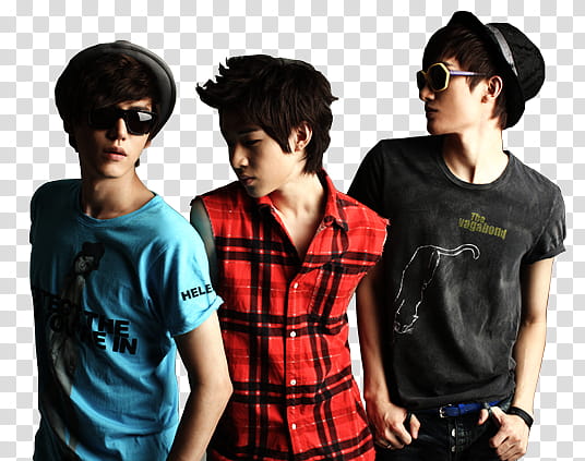 Super Junior M, men wearing red and black vest sanding between two men\ transparent background PNG clipart
