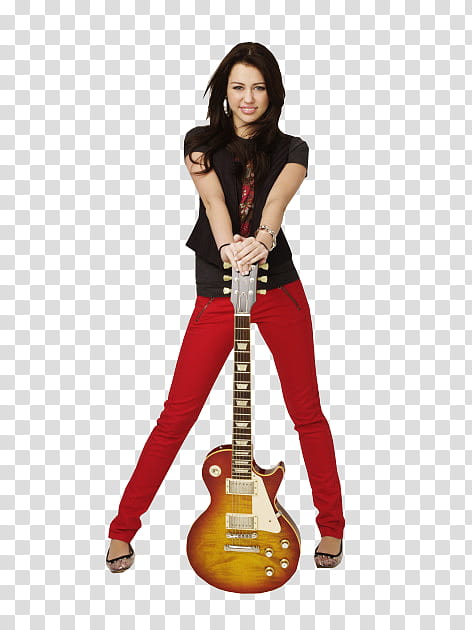 Super Tutolover, standing Miley Cyrus holding red and brown Les Paul guitar transparent background PNG clipart