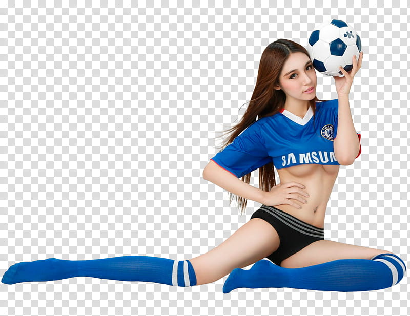 woman in blue top holding soccer ball transparent background PNG clipart