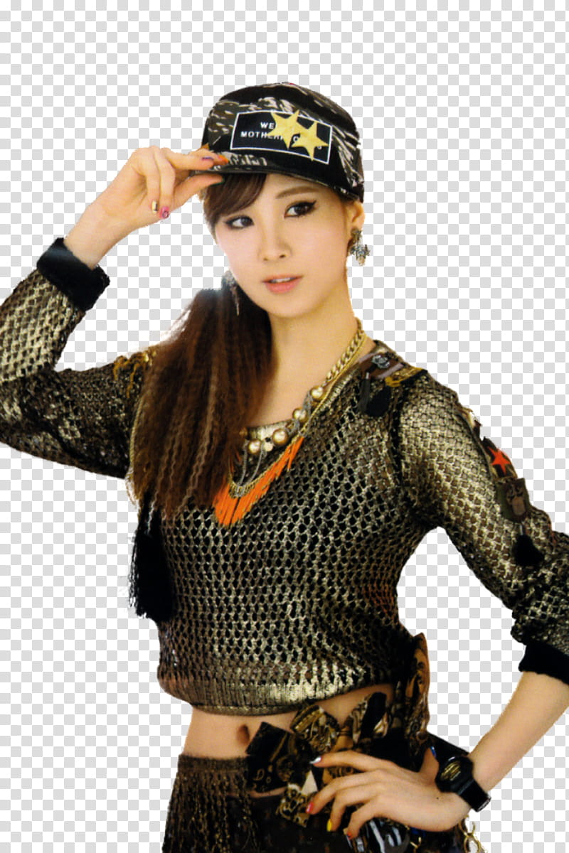 Seohyun SNSD, woman holding her black and yellow star print flat brimmed cap transparent background PNG clipart