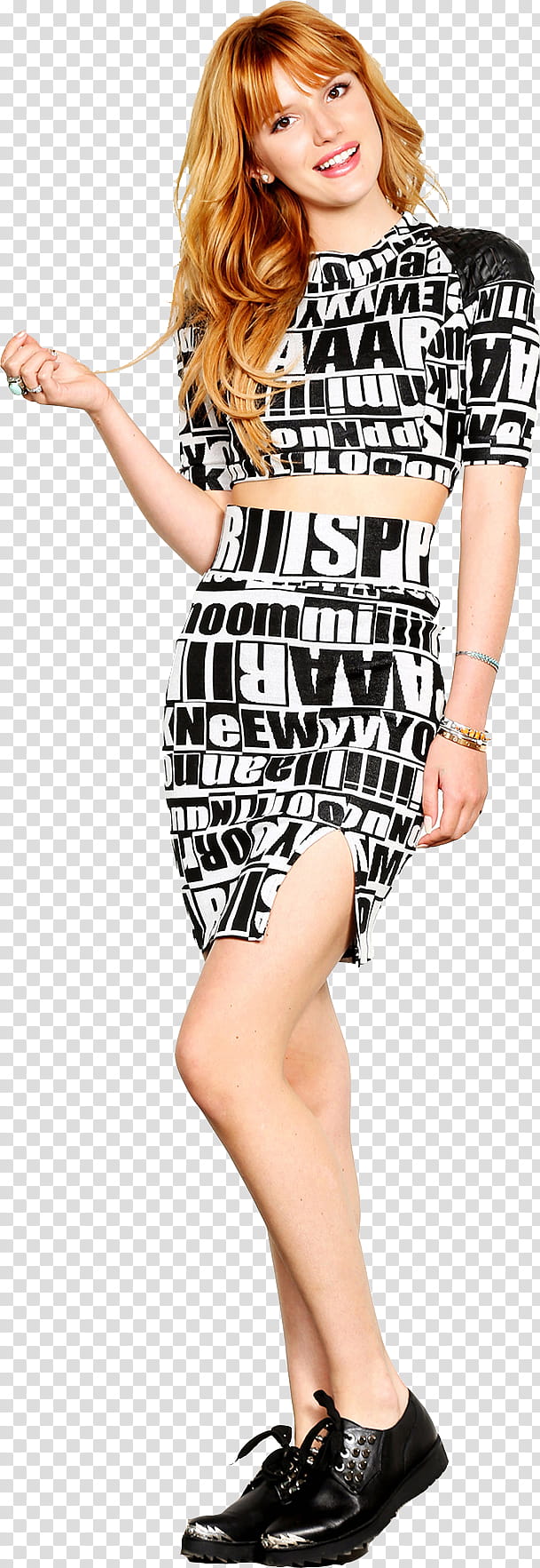 Bella Thorne, woman in white and black top and mini skirt transparent background PNG clipart