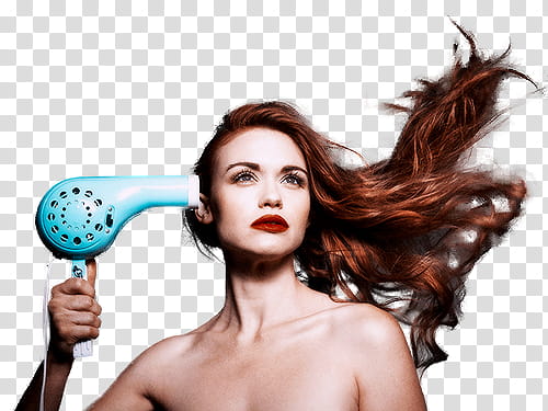 Holland Roden, woman holding blue hair dryer transparent background PNG clipart