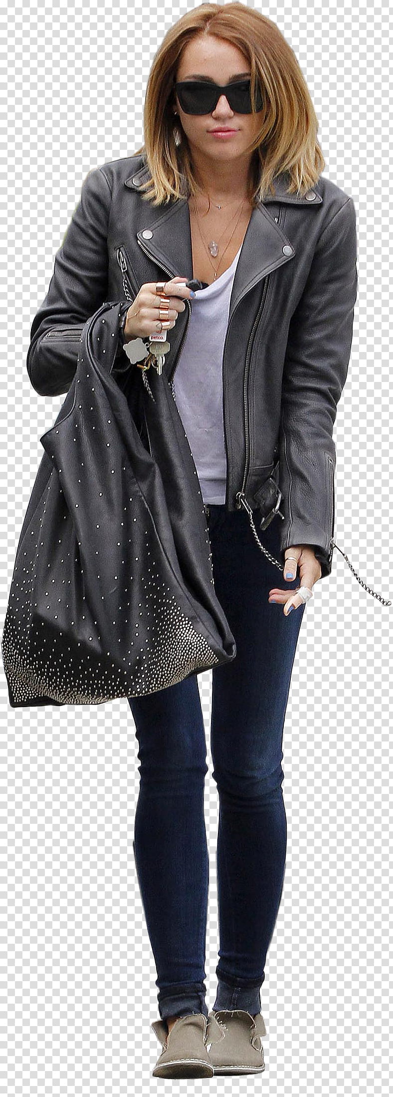 Miley Cyrus, woman wearing gray zip-up jacket ad black fitted jeans transparent background PNG clipart