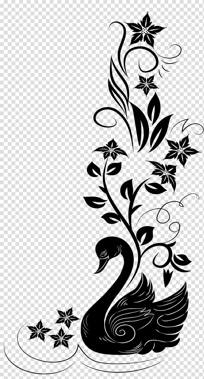 black swan surrounded by flowers painting transparent background PNG clipart