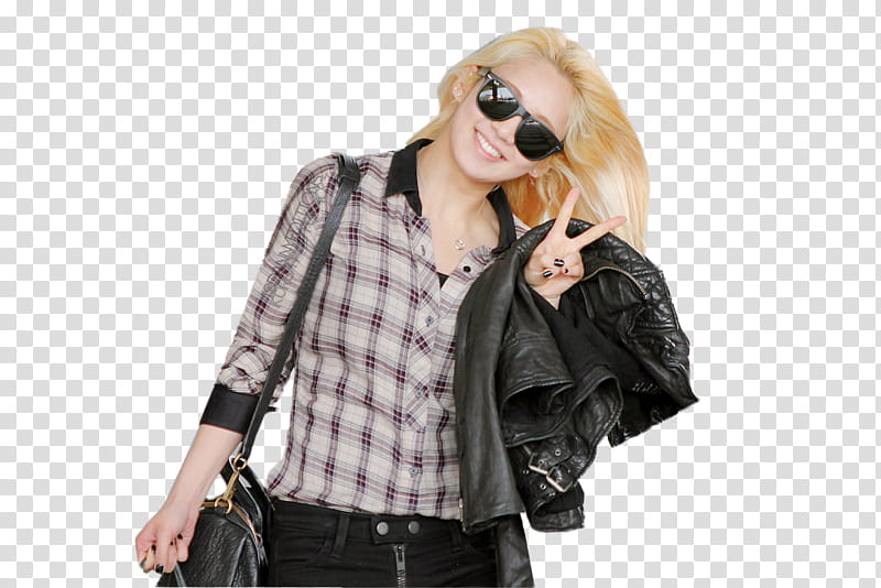 Hyoyeon SNSD , smiling woman in gray and red checked long-sleeved shirt while doing peace hand sign using left hand transparent background PNG clipart
