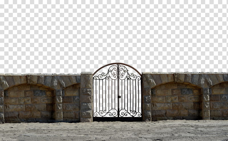 Iron Stone Gate at Beach , black metal gate between gray brick wall transparent background PNG clipart