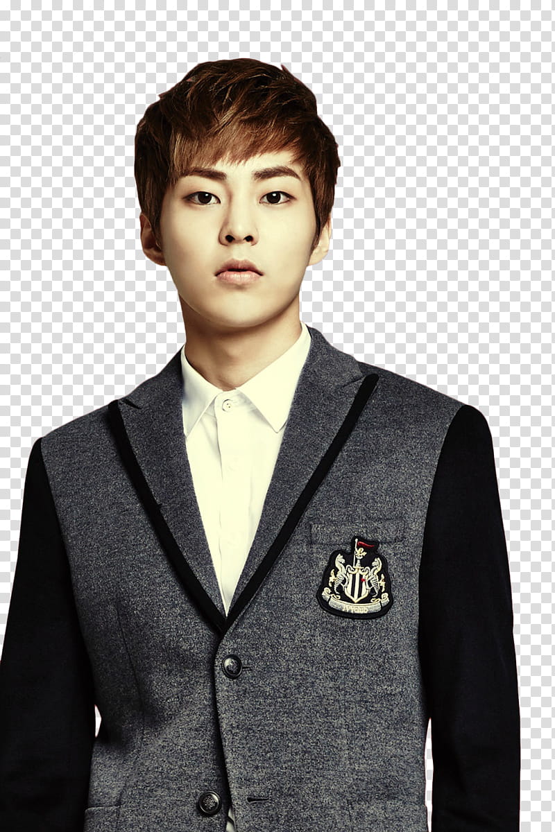 RENDER EXO for Ivy Club Poster, man in gray and black school blazer transparent background PNG clipart