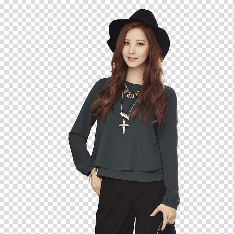 TaeTiSeo MIXXO P, woman wearing black sweater and black floppy hat standing transparent background PNG clipart