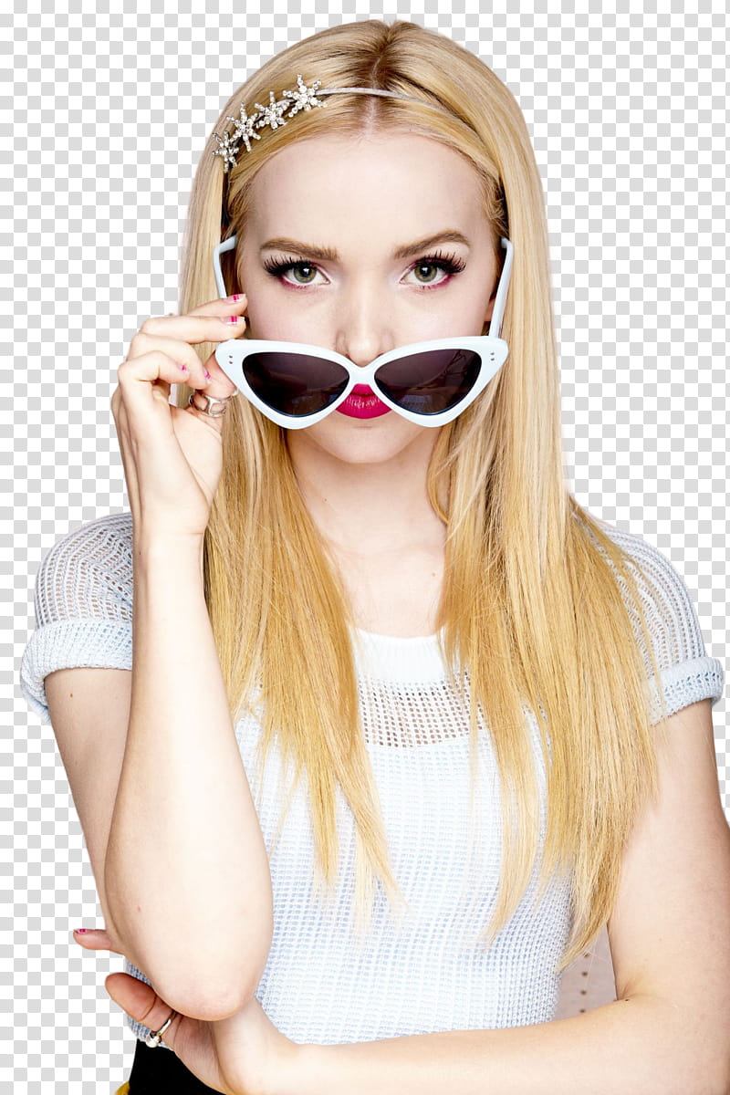 Dove Cameron, woman wearing white blouse touching white sunglasses standing transparent background PNG clipart