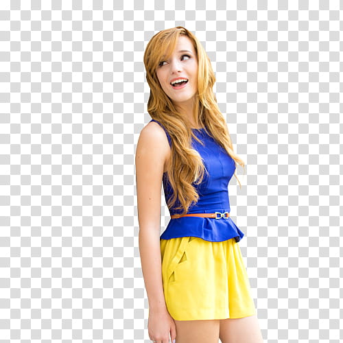 Bella Thorne, woman standing wearing blue and yellow sleeveless dress transparent background PNG clipart