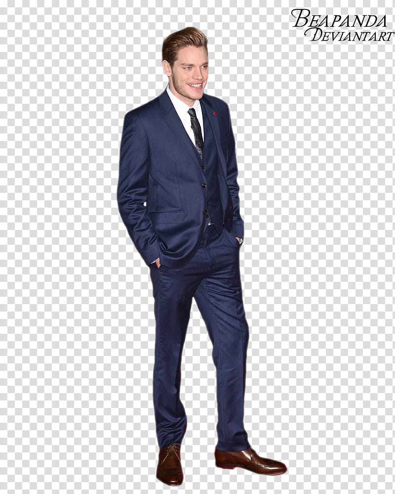 Dominic Sherwood, smiling man wearing dark-blue formal suit standing with both hands on pocket transparent background PNG clipart