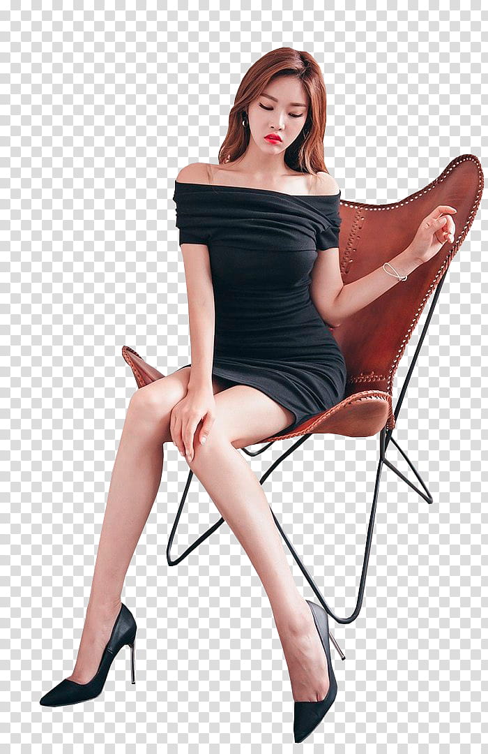 PARK JUNG YOON, woman in black off-shoulder bodycon dress sitting on brown chair transparent background PNG clipart