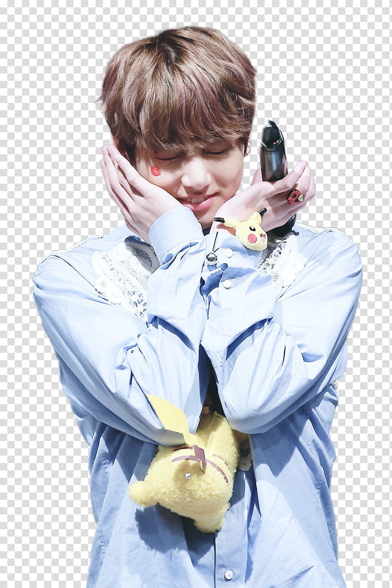 RENDER  BTS JUNGKOOK, man in blue button-up long-sleeved shirt holding microphone transparent background PNG clipart