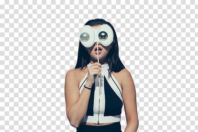 Selena Gomez, woman holding white eyes mask wearing white and black sleeveless crop-top transparent background PNG clipart