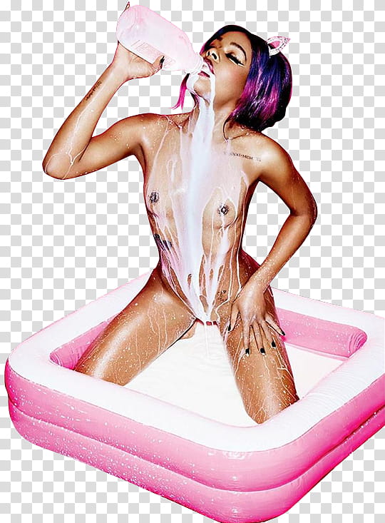 Azealia Banks, woman inside inflatable pool drinking milk while spill on pool transparent background PNG clipart