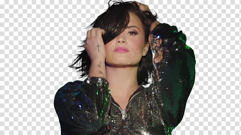 Demi Lovato, woman wearing green zip-up jacket holding her hair transparent background PNG clipart