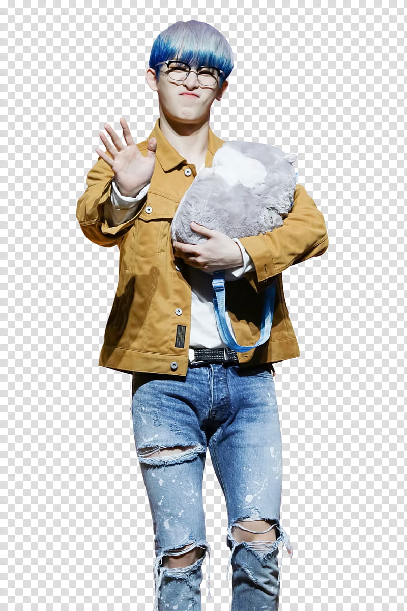 WONHO MONSTA X , man wearing brown jacket and blue distressed jeans transparent background PNG clipart