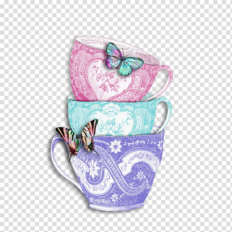 Three for Tea Elements, three pink, teal, and purple teacup transparent background PNG clipart