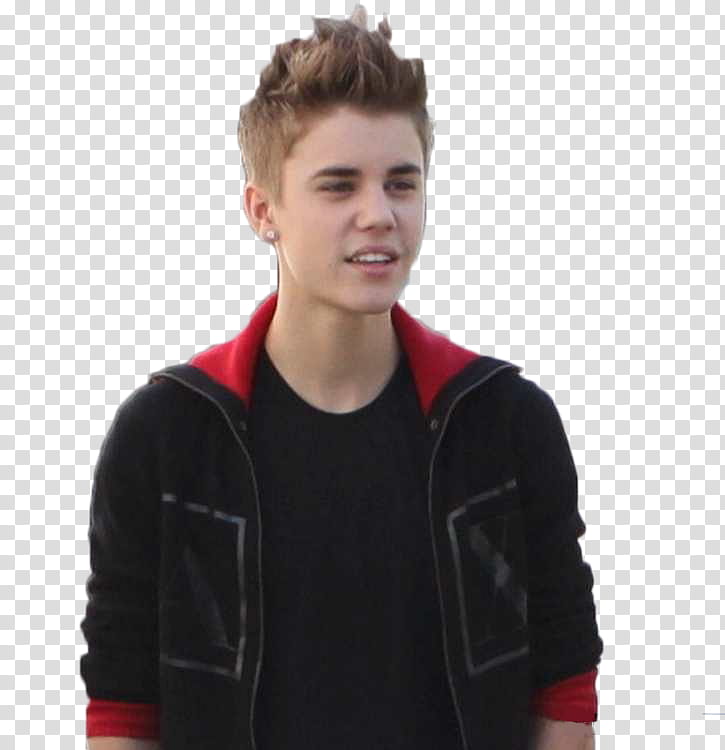 Justin Bieber, standing Justin Bieber wearing black and red zip hoodie and black crew-neck shirt transparent background PNG clipart