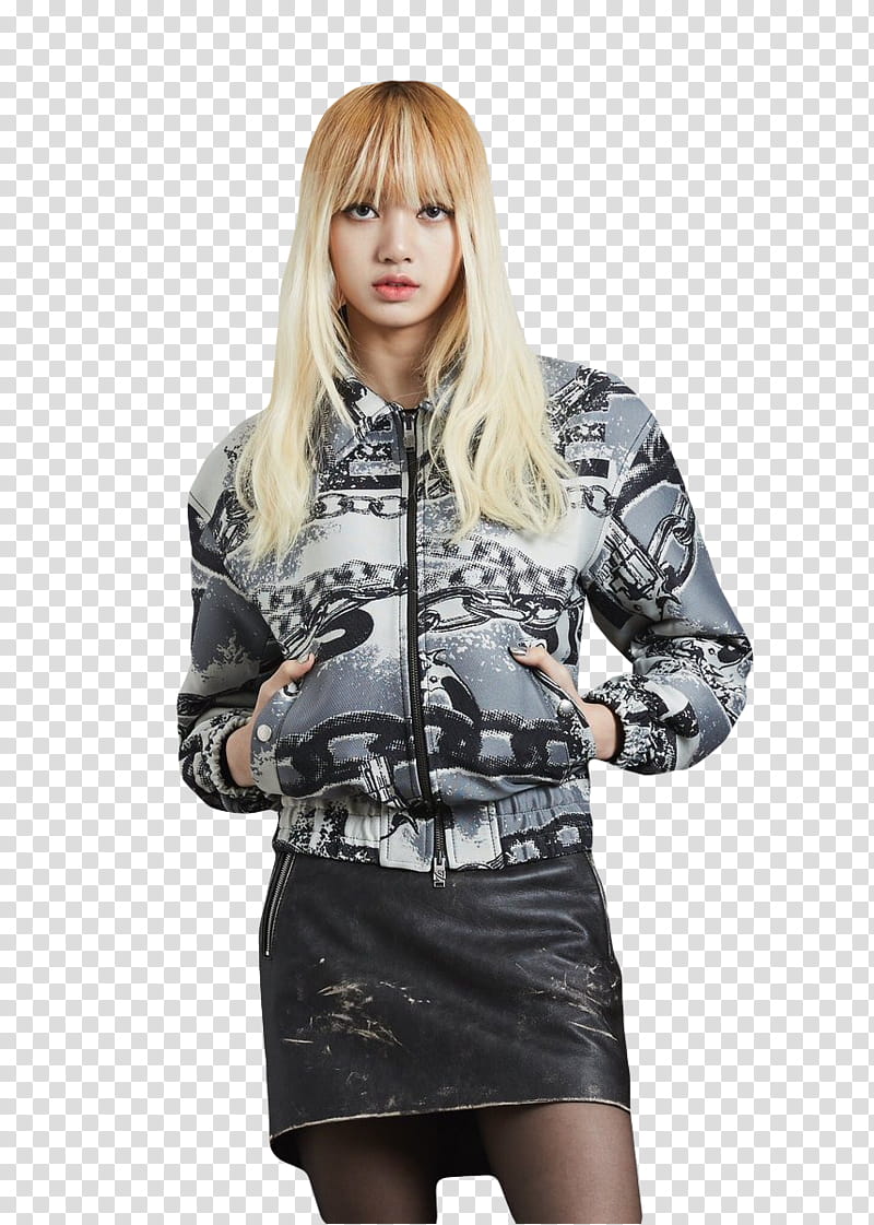 Lisa BLACKPINK, woman wearing gray zip-up jacket and black leather miniskirt transparent background PNG clipart