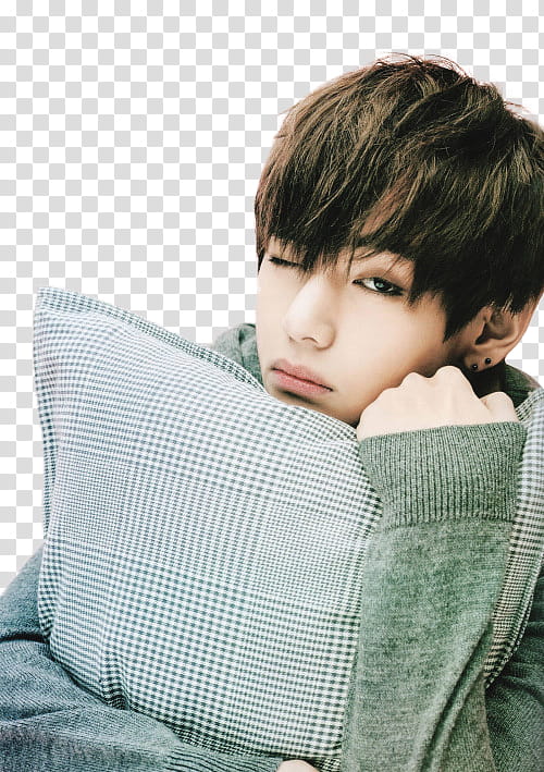 Kim Taehyung V BTS Render, man wearing gray sweater hugging throw pillow transparent background PNG clipart
