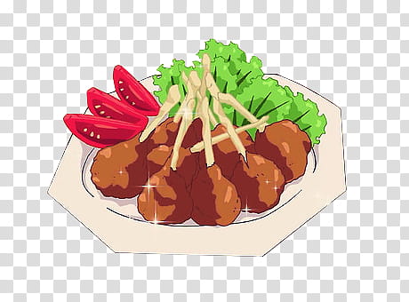 plate of chicken lollipops, lettuce and sliced tomatoes cartoon transparent background PNG clipart