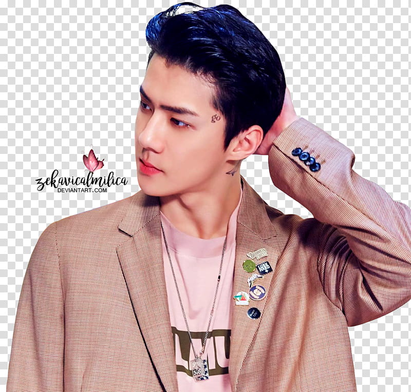 EXO Chanyeol x Sehun We Young, man wearing beige suit jacket combing hair transparent background PNG clipart