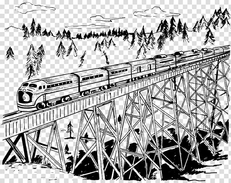 Train, Rail Transport, Trestle Bridge, Track, Locomotive, Public Transport, Rail Profile, Drawing transparent background PNG clipart