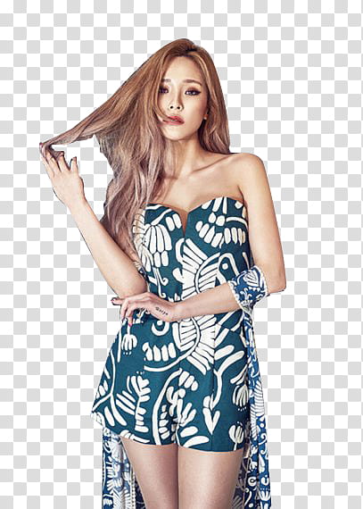 Heize, standing woman wearing blue and white strapless rompers transparent background PNG clipart