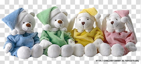 Peluches set, four assorted-color bear plush toys transparent background PNG clipart