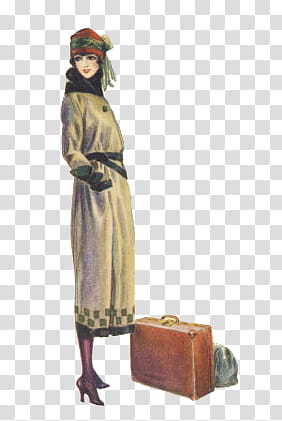 Vintage s, woman in beige dress standing beside suitcase transparent background PNG clipart