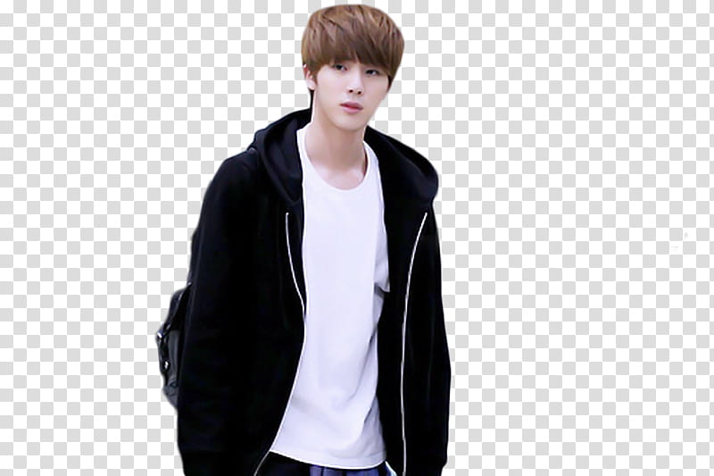Jin BTS, man wearing white shirt and black jacket standing transparent background PNG clipart