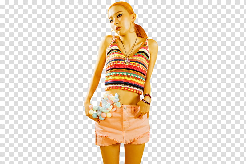 Red Velvet, woman wearing multicolored striped crop top and pink denim short shorts transparent background PNG clipart