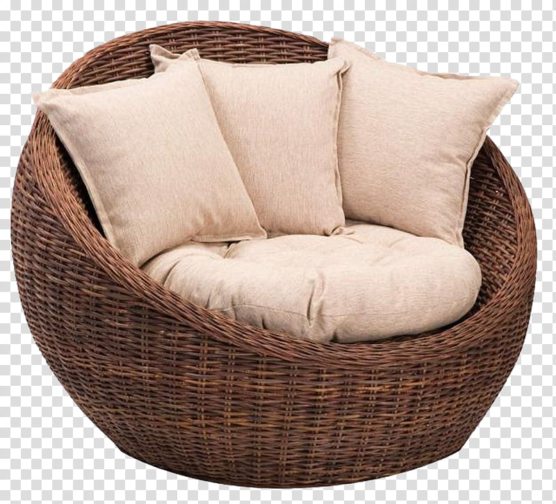 Basket Chair, brown wicker chair and three white throw pillows transparent background PNG clipart