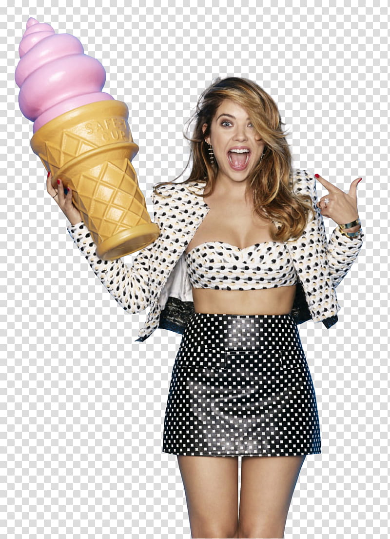Ashley Benson, woman holding ice cream toy on blue background transparent background PNG clipart