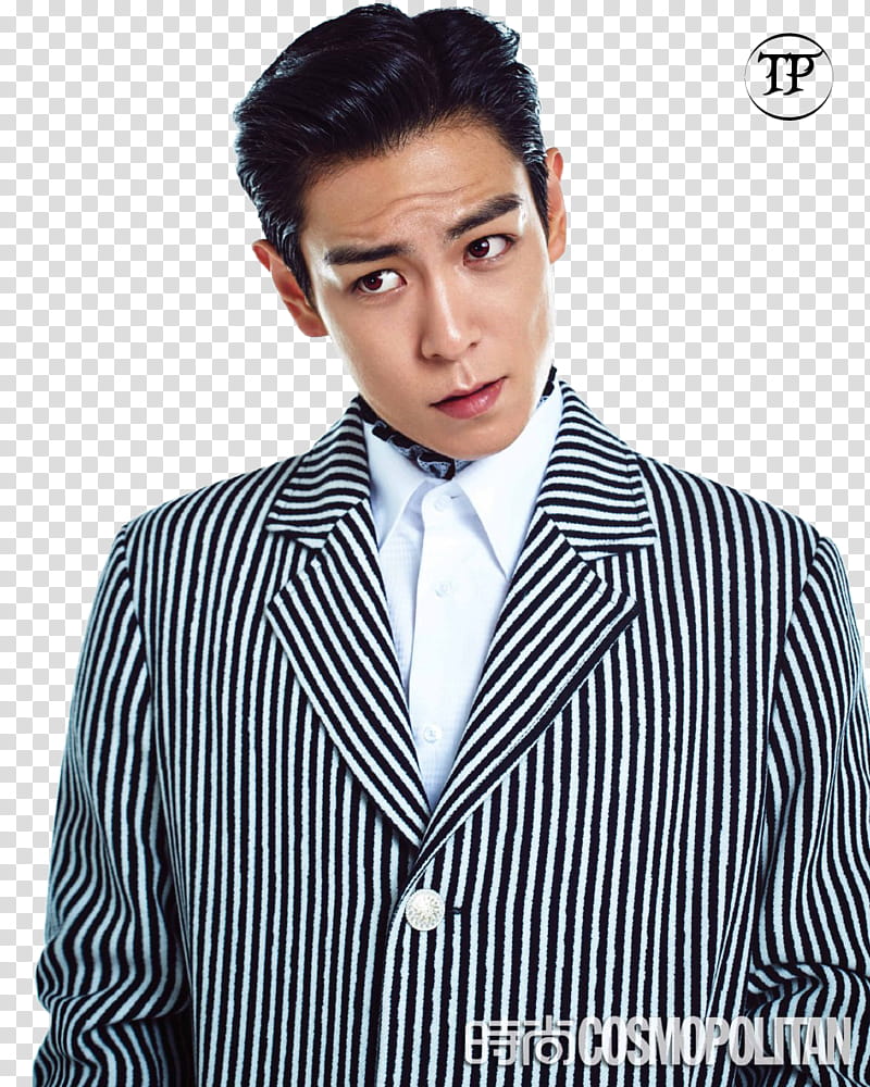 Bigbang Choi Seung hyun T O P, man wearing black and white striped coat transparent background PNG clipart